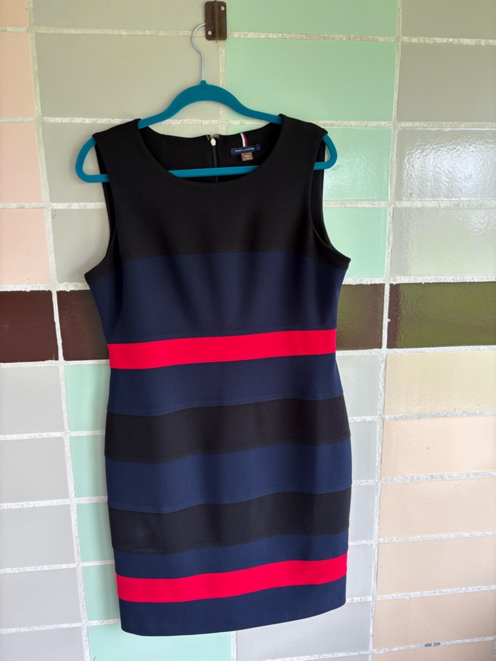 Tommy Hilfiger Sleeveless Navy and Black Stripe Sheath Dress with Red Accents